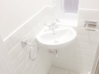 Understairs cupboard converted into a bathroom.